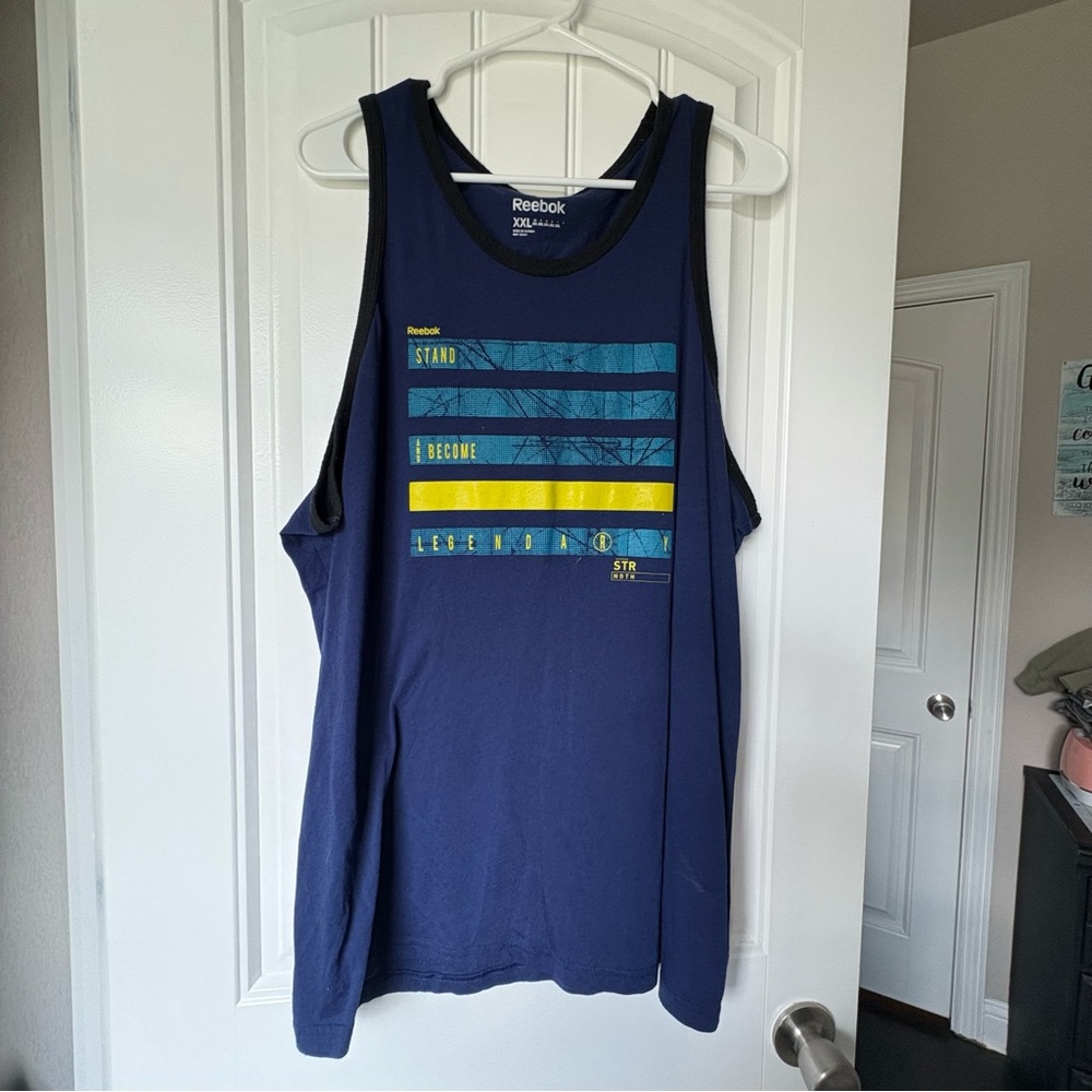 Reebok Men's Navy and Yellow Graphic Tank Top